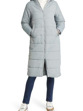 NWT Modern Eternity Maternity Light Gray Long Puffer Coat with Hood